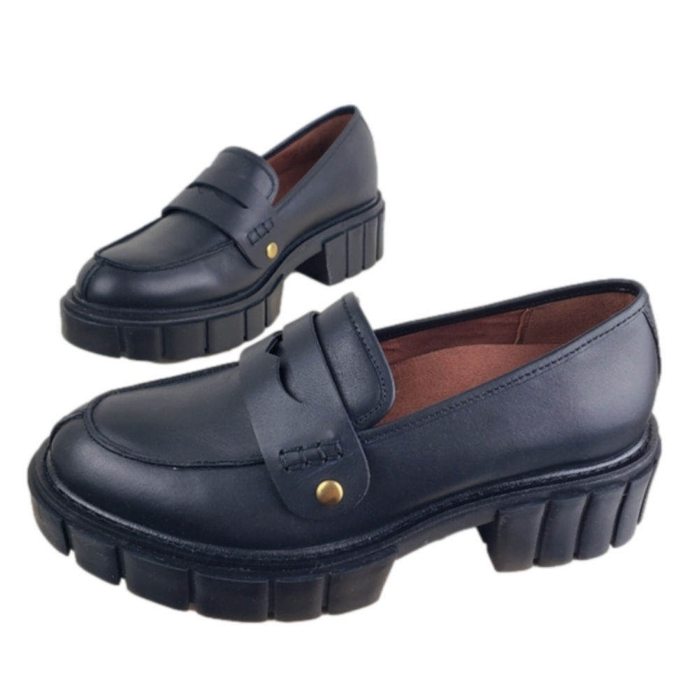 Vionic Elodie Penny Loafer Platform Shoes Size 7 Black Leather Academia Casual